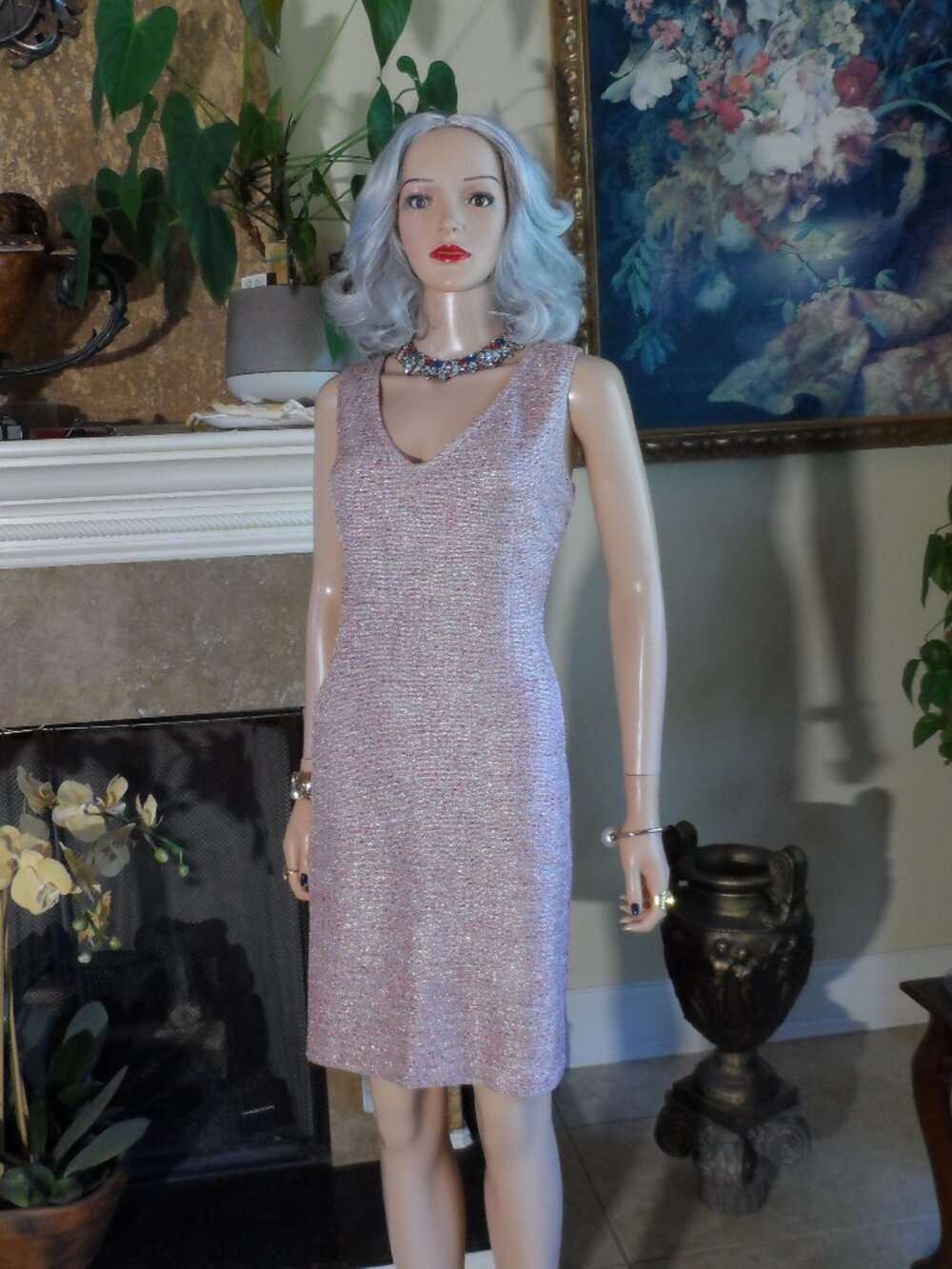 New St. John Pink Metallic Tweed Knit Sheath Dress Size 8